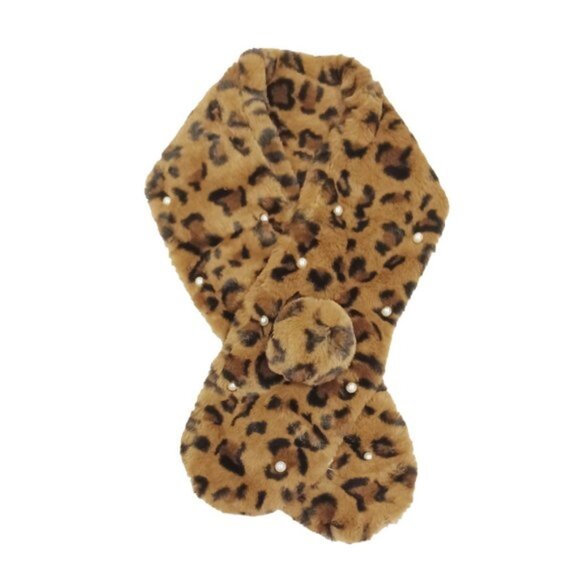Tigerstars Chic Leopard Print Pearly Pom Pom Faux Fur Scarf - Picture 2 of 2